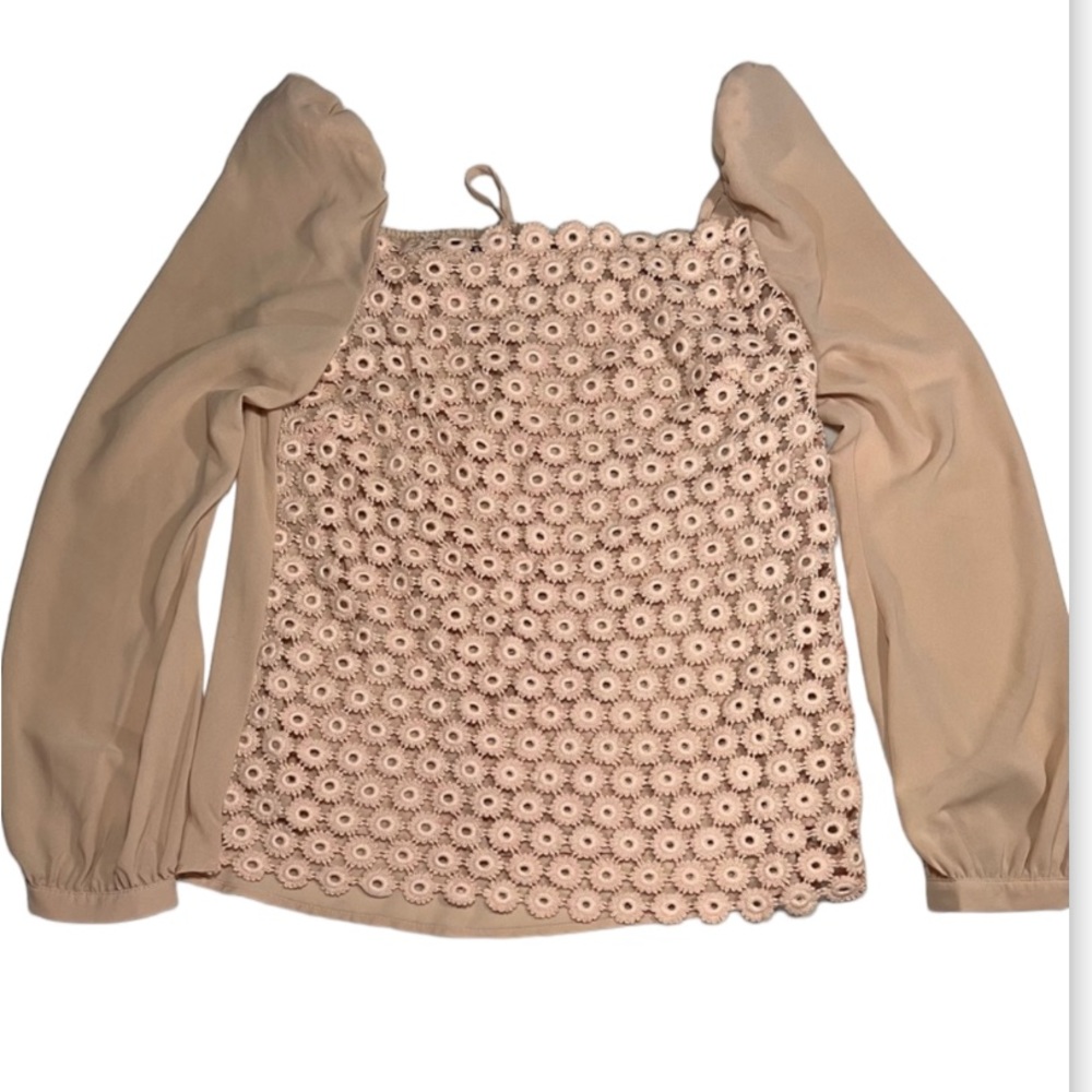 Spring Sale: Easley Cotton Crochet Detailing Puff Sheer Sleeves Blush top